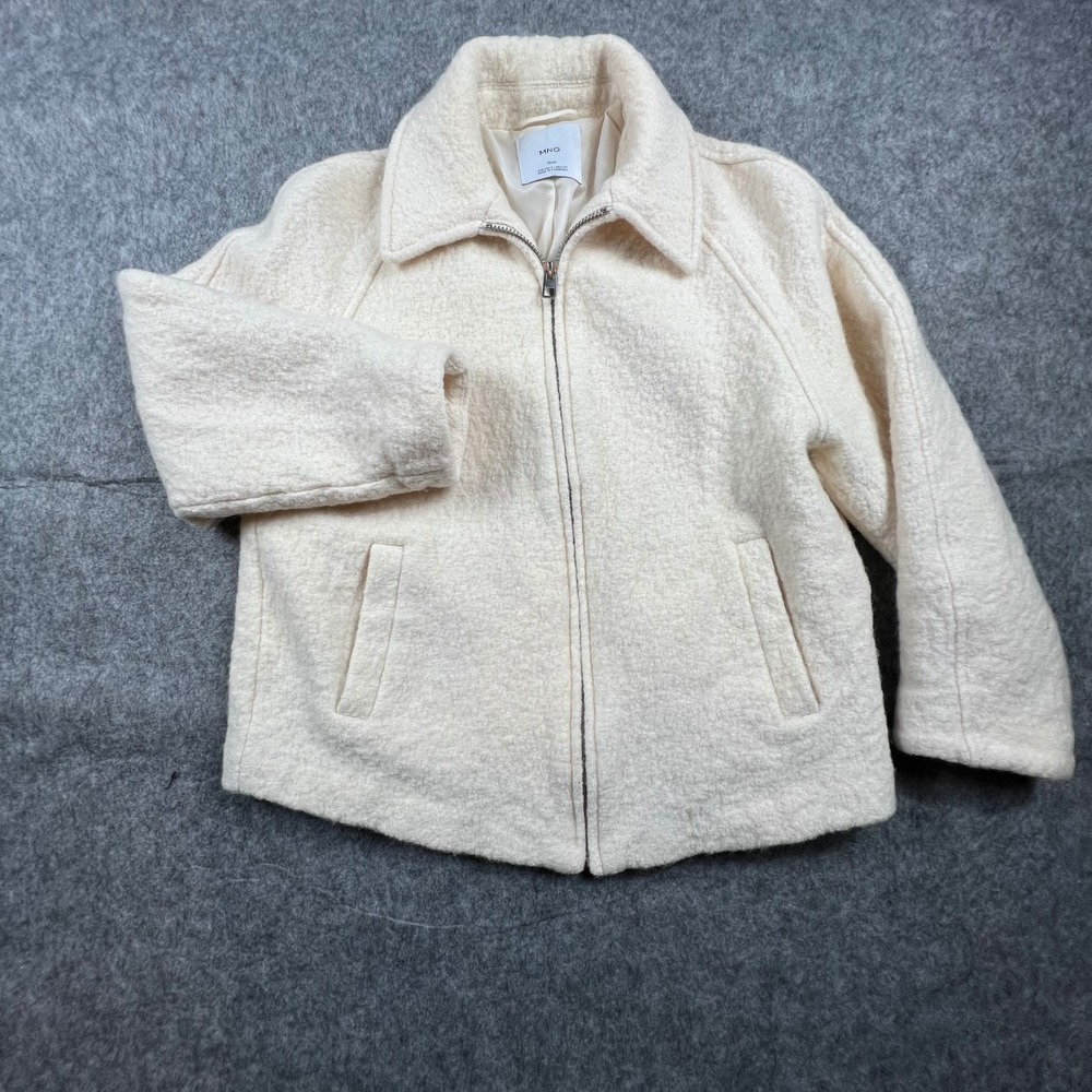 Mango MNG Cream Wool Blend Zip Up Boucle Bomber Jacket Collared Cream‎ Womens S